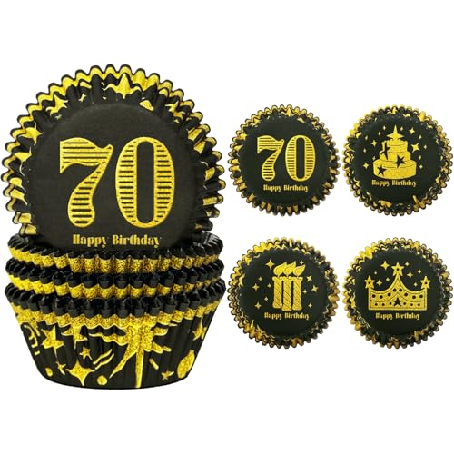 Gcardist 70th Geburtstag Cupcake Liners 200 Stück Muffin Liners 4 Designs Geburtstag Cupcake Papers Backen Tassen für Geburtstagsparty (Standardgröße) von Gcardist