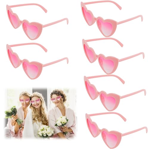 Gcffom 6 Stück Herz Sonnenbrille für Damen, Vintage Herz Sonnenbrille, 90er Jahre Hippie Brille, Team Braut Herz Brille, JGA Partybrillen für Urlaub, Party, Hochzeit, Karneval von Gcffom
