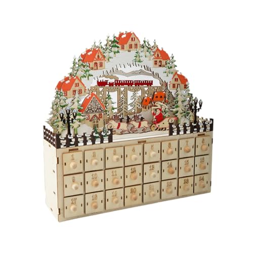 Gcljlmy Weihnachts-Adventskalender aus Holz mit 24 Schubladen, Dekoration mit Lichtern, Weihnachtskalender für die Feiertagsdekoration von Gcljlmy