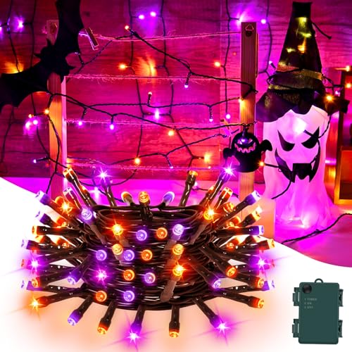 Gcstnn Halloween Deko Lichterkette, 5M 50er LED Orange Lila Innen Außen Lichterketten mit Timer, IP65 Wasserdicht Lichterkette Batterie für Halloween Party Dekoration, Herbst, Veranda, Fenster von Gcstnn