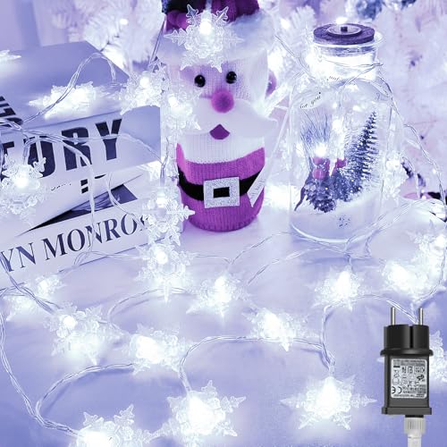 Gcstnn Lichterkette Außen Schneeflocke, 15M 100er LED Kaltweiß Schneeflocke Lichterkette Stecker mit Timer 8 Modi Wasserdicht Lichterkette für Weihnachtsbeleuchtung, Party, Garten, Weihnachten Deko von Gcstnn