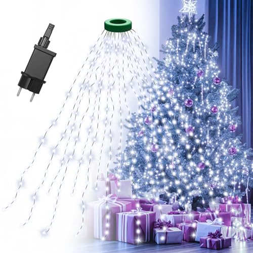 Gcstnn Lichterkette Weihnachtsbaum, 2M 400er LED Christbaumbeleuchtung mit Ring und 16 Girlanden, Timer, Wasserdicht für 1.5-2.5M Tannenbaum Weihnachtsdeko Außen Innen, Kaltweiß von Gcstnn