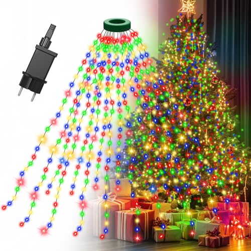 Gcstnn Lichterkette Weihnachtsbaum, 2M 400er LED Christbaumbeleuchtung mit Ring und 16 Girlanden, Timer, Wasserdicht für 1.5-2.5M Tannenbaum Weihnachtsdeko Außen Innen, Mehrfarbig von Gcstnn