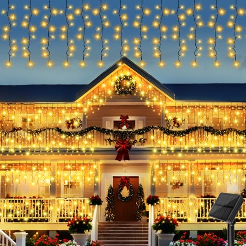 Gcstnn Solar Eiszapfen Lichterkette Außen, 4x1M 200 LEDs Solar Lichtervorhang, 8 Modi IP65 Wasserdicht Lichterketten Vorhang für Patio Gazebo Zaun Garten Fenster Weihnachts Dekoration-Warmweiß von Gcstnn