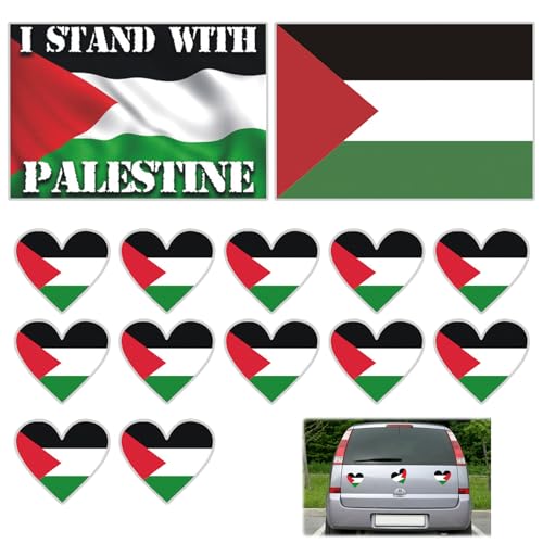 14 Stück,Free Palestine Sticker,Palästina Flagge Aufkleber Set,Free Palestine Sticker,12 Stück Palästina Herz Aufkleber +2 Stück Palästina Flagge Aufkleber für Auto Motorrad Cup Handy von Geaanen