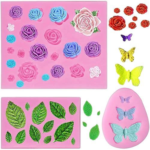 GEARMAX 3 Stück 3D Fondant Blumen Kuchenform,DIY Blume Silikonformen,Mini Rosen Blumen Silikon Formen, für Jelly Sugar Candy Schokolade Fondant Kuchen Dekoration Eines Süßigkeiten Kuchen von Gearmax