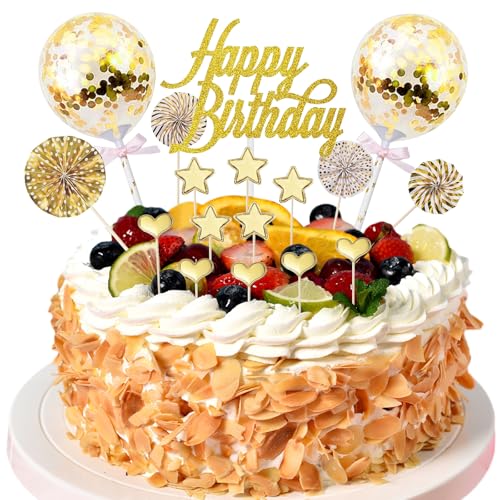 17 Stück Tortendeko Geburstagstorte, Glitter Cake Topper Happy Birthday, Cupcake Topper mit Sternen Liebe Konfetti-Luftballons und Papierfächer, Happy Birthday Kuchendeko(Golden) von Gebrazy