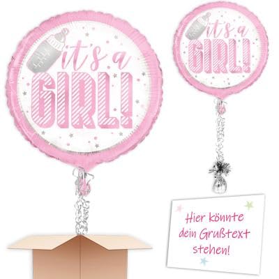 Baby Mädchen Geschlecht bekannt geben "It's a Girl" Ballon inkl. Heliumfüllung mit Schmuckbändern und Ballongewicht zum verschenken oder versenden an eine andere Lieferadresse - Mit Karte von Geburtstagsfee