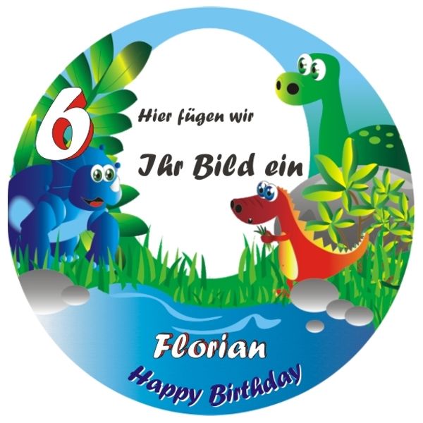 Dinosaurier Foto Tortenaufleger mit Name u. Alter – rund, Z14 Dinosaurier Foto Tortenaufleger mit Name u. Alter – rund, Z14 von Geburtstagsfee