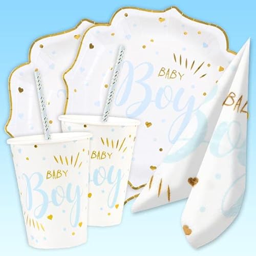 Geburtstagsfee Baby Boy Basicset, Gold verziert, 50-teilig Tischdekoration Babyparty Junge für 10 Gäste von Geburtstagsfee