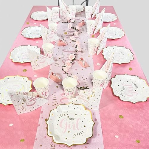 Geburtstagsfee Babyparty und Baby Shower Tischdeko Set für Mädchen für 10 Gäste mit Becher, Teller, Servietten, Tischläufer und mehr… (Goldherzchen Rosa)… von Geburtstagsfee