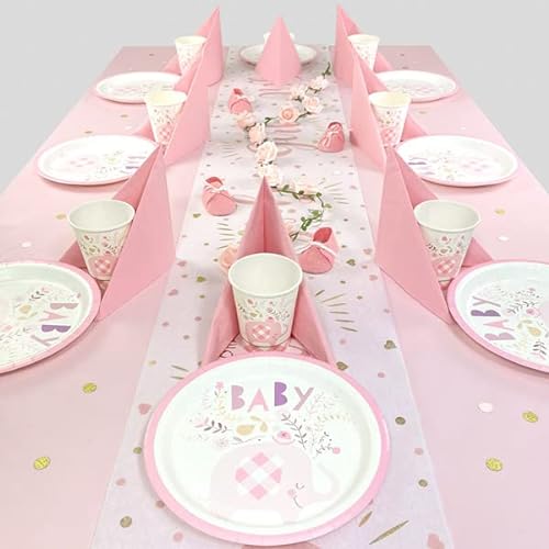 Geburtstagsfee Babyparty und Baby Shower Tischdeko Set für Mädchen für 8 Gäste mit Becher, Teller, Servietten, Trinkhalmen, Tischläufer und mehr… (Rosa Elefant)… von Geburtstagsfee