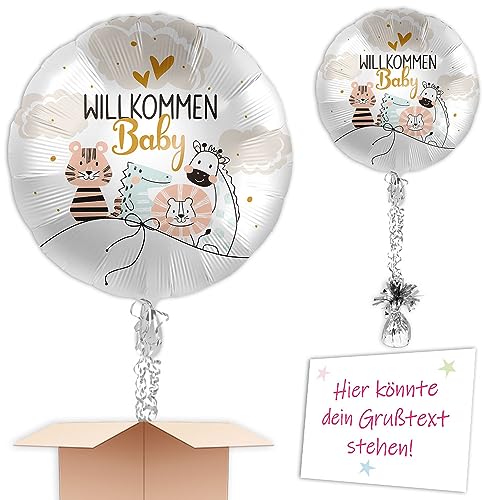 Gefüllter Heliumballon zur Geburt "Willkommen Baby" mit Dschungeltieren inkl. Schmuckbändern und Ballongewicht zum verschenken oder versenden an eine andere Lieferadresse - Mit Karte von Geburtstagsfee