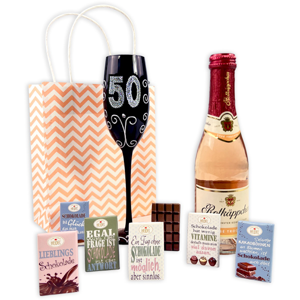Geschenkset 50. Geburtstag mit Sektglas, Rotkäppchen rosè und Schokolade Geschenkset 50. Geburtstag mit Sektglas, Rotkäppchen rosè und Schokolade von Geburtstagsfee