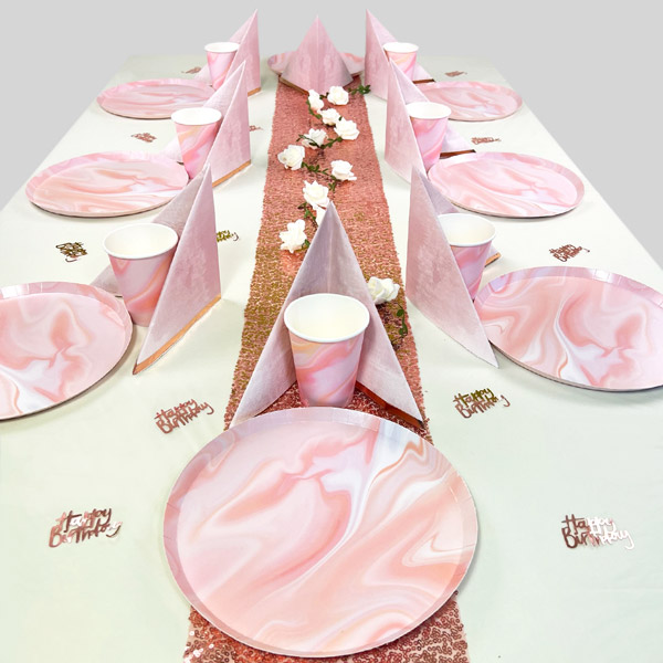 Happy Birthday Rosa Marmoriert Deko-Set Mädchen bis 16 Gäste, Tischdeko