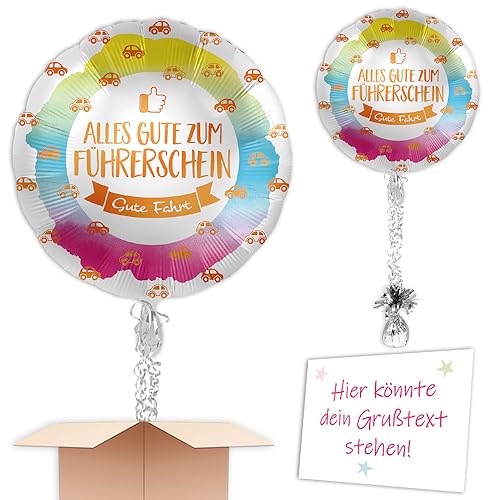Heliumballon "Alles Gute zum Führerschein" inkl. Heliumfüllung Schmuckband u. Gewicht zum verschenken oder versenden an eine andere Lieferadresse - Mit Karte von Geburtstagsfee