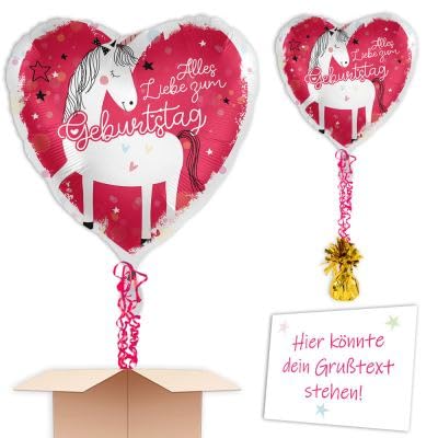 Heliumgefüllter Ballon als Ballongruß zum Kindergeburtstag "Herz Einhorn" Ø 35cm mit Schmuckbändern und Ballongewicht fertig zum verschenken oder versenden an eine andere Lieferadresse von Geburtstagsfee