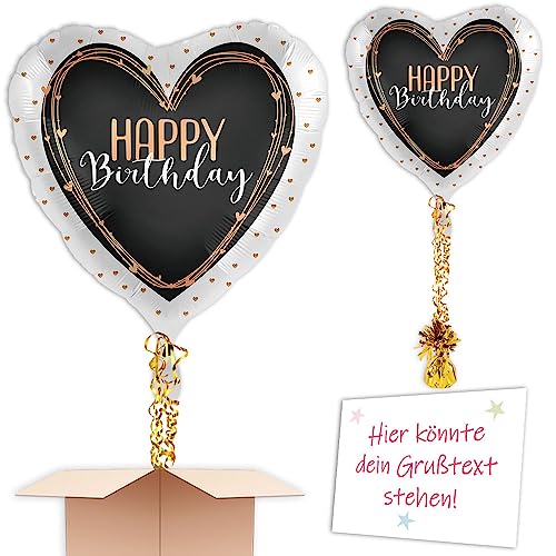 "Herz Weiß-Schwarz-Gold" Heliumballon inkl. Heliumfüllung, Schmuckbänder, Gewicht und Karte mit Wunschtext als Geschenk oder an Wuschadresse senden von Geburtstagsfee