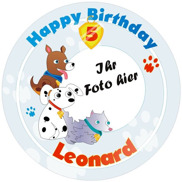 Hundebande Foto Tortenaufleger mit Name u. Alter – rund, Z18 Hundebande Foto Tortenaufleger mit Name u. Alter – rund, Z18 von Geburtstagsfee