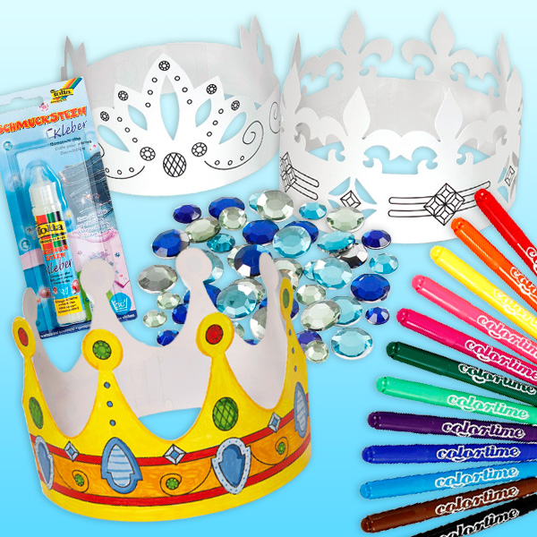 Kinderkronen Malvorlagen-Set zum Ausmalen + Filzschreiber, Schmucksteine & Kleber Kinderkronen Malvorlagen-Set zum Ausmalen + Filzschreiber, Schmucksteine & Kleber von Geburtstagsfee