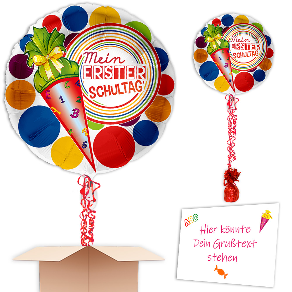 Komplett mit Helium - Ballongruß "Mein erster Schultag" mit Zuckertüten-Motiv Komplett mit Helium - Ballongruß "Mein erster Schultag" mit Zuckertüten-Motiv von Geburtstagsfee