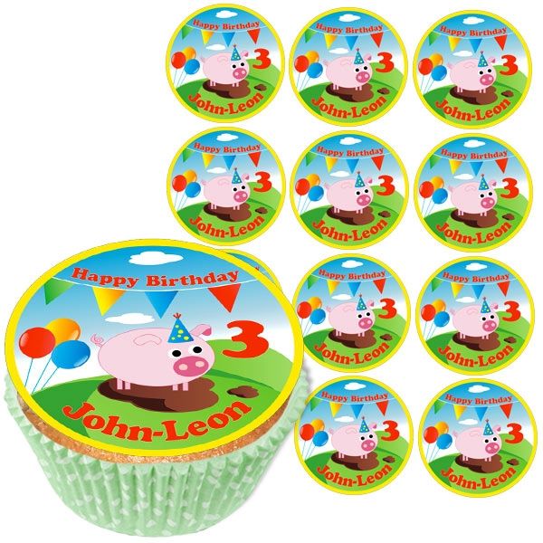 Personalisierte Muffinaufleger, 12er, Schweinchen, O12 Personalisierte Muffinaufleger, 12er, Schweinchen, O12 von Geburtstagsfee