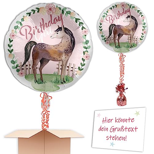 "Pferde"Heliumballon mit Heliumfüllung, Schmuckbänder, Ballongewicht, Karte u. Wunschtext als Kindergeburtstag Deko oder mit Wunschöffnungsdatum an Wunschadresse senden von Geburtstagsfee