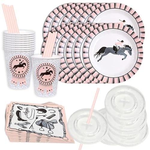 Pferdesport Turnier Deko Party Deko Set mit Pferd & Reiter Motiv, 50-teilig für 10 Kids, 10 Teller, 10 Becher mit Reiter-Motiv, 20 Servietten mit Reiter-Motiv, 10 Getränkehalme in rosa, Becher-Deckel von Geburtstagsfee