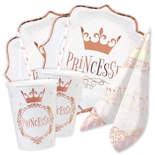 Prinzessin Deko Basic Set zum Geburtstag, Weiß Rosegold verziert bis 10 Geburtstagsgäste 50-teilig mit Princesse Teller, Becher, Servietten und Getränkehalmen im Prinzessinen Design von Geburtstagsfee