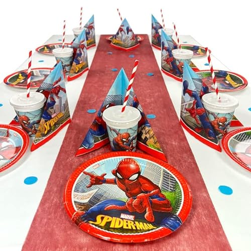 Spiderman Tisch Deko Komplett Set bis 16 Geburtstagsgäste, 112-teilig mit Teller, Becher, Servietten, Tischläufer, Shakedeckel zu den Bechern u. passenden Konfetti von Geburtstagsfee