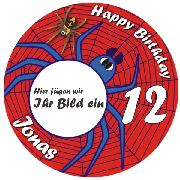 Spinnen Foto-Tortenaufleger mit Name u. Alter – rund, E14 Spinnen Foto-Tortenaufleger mit Name u. Alter – rund, E14 von Geburtstagsfee