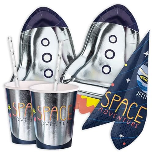 Weltraum Geburtstag Deko Set mit Raketen-Tellern, Tischdeko zum Kindergeburtstag für 6 Astronauten 42-teilig mit silbernen Raketen Teller, silberblauen Bechern, Getränkehalmen u. Servietten von Geburtstagsfee