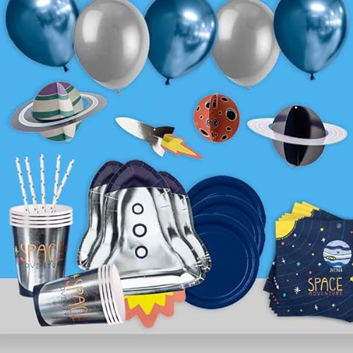 Weltraum Kindergeburtstag Deko Set mit Raketen-Tellern für 6 Astronauten 74-teilig mit Raketenteller, blauen Teller, Becher, Getränkehalme, Servietten, Tischdecke, Weltall Hänge-Deko, Ballons von Geburtstagsfee