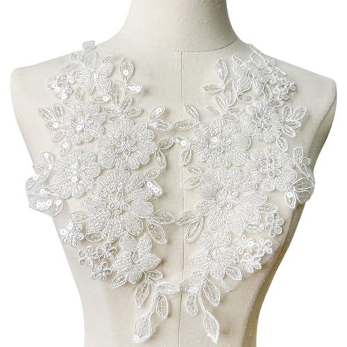 Gecaja 3D-bestickter Blumenstoff mit Perlen, Strass, Perlen-Spitzenapplikation, Weiß Gecaja 3D-bestickter Blumenstoff mit Perlen, Strass, Perlen-Spitzenapplikation, Weiß von Gecaja