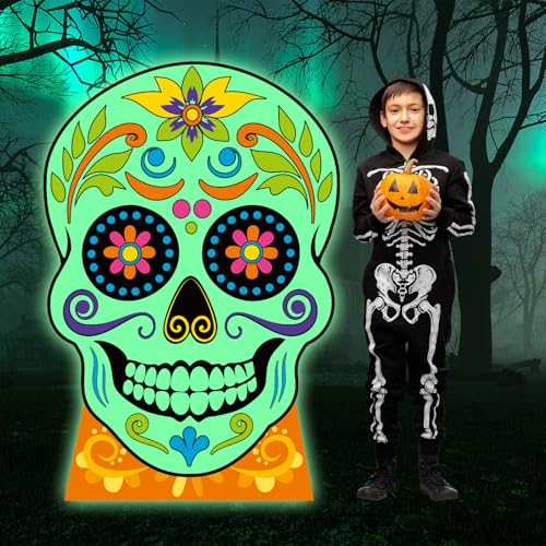 Geelin 1 Stück 119,9 cm h Tag der Toten Zuckerschädel Pappaufsteller stehendes fluoreszierendes Skelett Dia De Los Muertos lebensgroße Foto-Requisiten für mexikanische Fiesta, Halloween-Party von Geelin