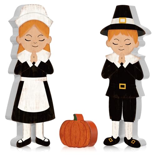 Geelin 3 Stück Thanksgiving-Pilger-Dekorationen, Dankbarkeitsgebet, Junge und Mädchen, Pilger, Tischdekoration, Erntedankfest, Holzfigur, Gebetsschild, Dekoration für Ernte, Urlaub, Zuhause, Büro von Geelin