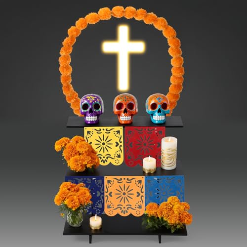 Geelin Día De Muertos Altar-Dekor-Set für den Tag der Toten, inklusive 3-stöckigem schwarzem Holzständer, 2 Papel-Picado-Bannerschnur, 1,5 m künstliche Ringelblumen-Girlande für DIY-Party-Dekoration von Geelin