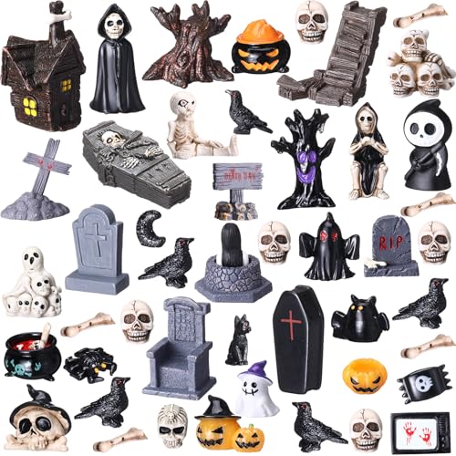 Geelin Halloween-Miniatur-Figuren, Dorf, Mini-Harz, Halloween-Dorf-Ornamente, Basteln, Krähe, Horror-Figuren, Grabsteine, Skelett, Kürbis, Geist für Partygeschenke, Tischdekoration, Geschenke, 48 von Geelin