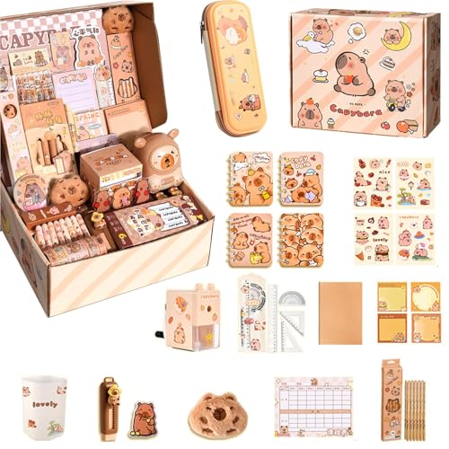 Federmäppchen Schreibwaren Set Capybara Aesthetic Groß mit Bleistifte Aufkleber Bleistiftspitzer Süßes Schreibwaren Geschenkset für Kinder (1 Set) von Gehanico