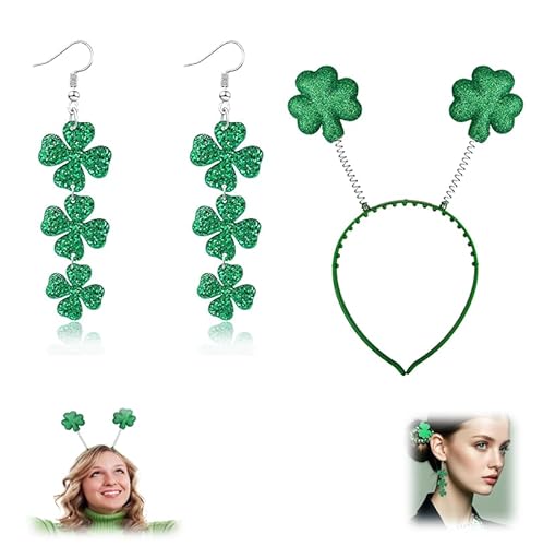 Gehanico Patrick's Day Kleeblatt-Stirnband, Kleeblatt-Kopf-Bopper, Kostüm-Haarschmuck mit Ohrringen, grüner Glitzer, irisches Party-Kostüm, Stirnband, St. Patrick's Haarschmuck (Kopfbedeckung + Gehanico Patrick's Day Kleeblatt-Stirnband, Kleeblatt-Kopf-Bopper, Kostüm-Haarschmuck mit Ohrringen, grüner Glitzer, irisches Party-Kostüm, Stirnband, St. Patrick's Haarschmuck (Kopfbedeckung + von Gehanico