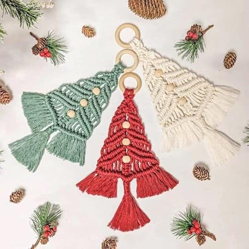 Weihnachtsbaum Makramee DIY Set 3 STK Makramee DIY Kit für Weihnachten Makramee Weihnachtsdeko Set Baumwollgarn Bastelset mit Holzperlen Ringen Anleitung Abnehmbaren Ornamente Hängend Dekoration von Gehanico