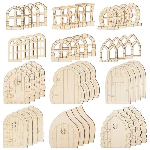 Geieold 48-Teiliges Feentür-Set Aus für Den Garten, Basteln, Mini-, Feenhaus-Set, Unvollendete Miniaturtür, Unbemaltes Feenfenster von Geieold