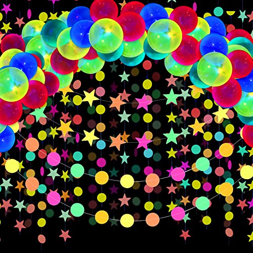 54 Stück Leuchtend Party Zubehör, inklusive 57,8 Fuß Schwarzlicht Neon Stern und Kreis Punkten Papier Girlande Banner Hängende Dekorationen, 50 Stück 10 Zoll Reaktive Fluoreszierende Neon Ballons von Gejoy