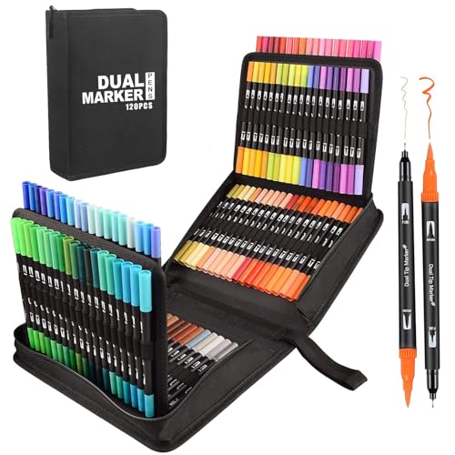 Gelanty Dual Brush Pens Set, Filzstifte 120 Farben Pinselstifte Set Dicke und Dünne Doppelfasermaler Fineliner Brush Pens für Bullet Journal Kalligraphie Handlettering Manga Skizzieren Malbücher von Gelanty