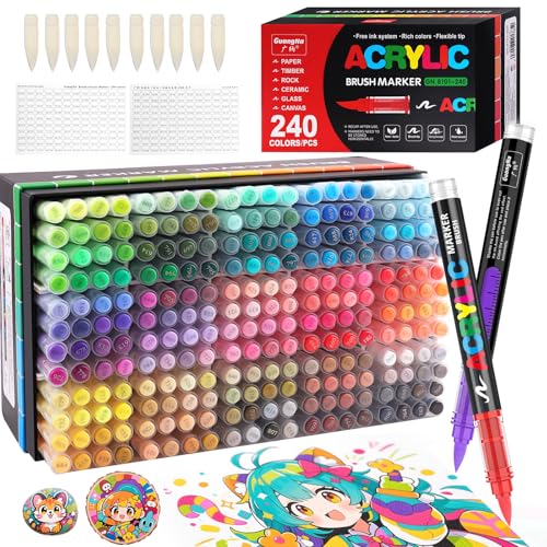 Gelanty 240 Farben Acrylstifte, Acrylic Marker mit flexibler Pinselspitze, Direktflüssigkeit Acrylic Paint Marker für Felsmalerei, Keramik, Holz, Glas von Gelanty
