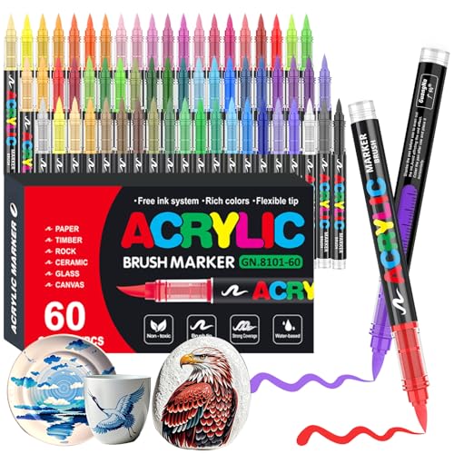 Gelanty Acrylstifte, 60 Farben Acrylic Paint Marker mit flexibler Pinselspitze, Direktflüssigkeit Acrylic Brush Marker für Felsmalerei, Keramik, Holz, Glas von Gelanty