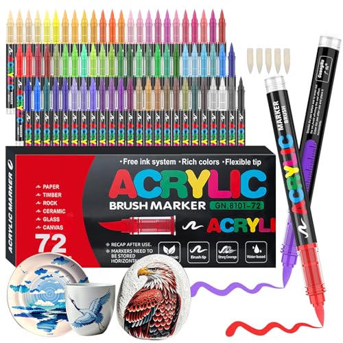 Gelanty Acrylstifte, 72 Farben Acrylic Paint Marker mit flexibler Pinselspitze, Direktflüssigkeit Acrylic Brush Marker für Felsmalerei, Keramik, Holz, Glas von Gelanty