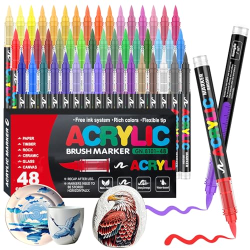 Gelanty Acrylstifte Set, 48 Farben Acrylic Paint Marker mit flexibler Pinselspitze, Direktflüssigkeit Acrylic Brush Marker für Felsmalerei, Keramik, Holz, Glas von Gelanty