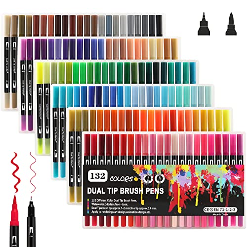 Gelanty Dual Brush Pens Set, Filzstifte 132 Farben Pinselstifte Marker Fineliner Set Dicke und Dünne Doppelfasermaler für Bullet Journal Zubehör Aquarell Handlettering Kalligraphie Malbücher Manga von Gelanty