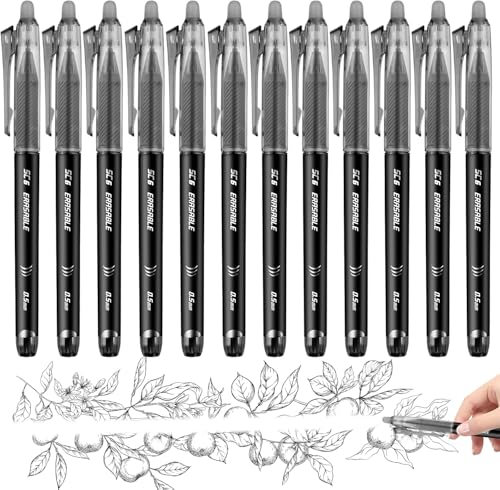 Radierbarer Kugelschreiber Tintenroller, 12 Stück 0,5mm Erasable Pen Löschbarer Gelstift für das Schreiben Journaling Zeichnung Kunstwerk Home Office Schule Briefpapier Zubehör (Schwarz) von Gelanty